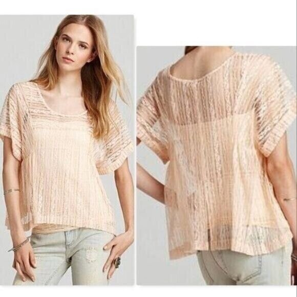 Free People Short Sleeve Size‎ XSmall Peach Top Blouse Boxy Lace - Picture 1 of 9